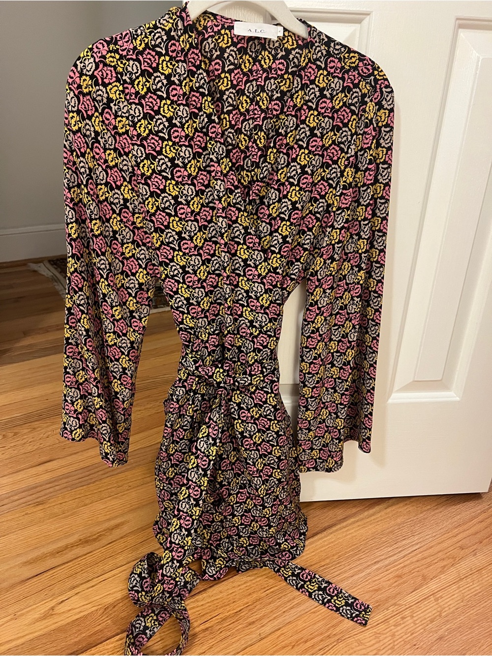 A.L.C. Black Floral Tie-Waist Mini Skirt with Pink & Yellow Roses